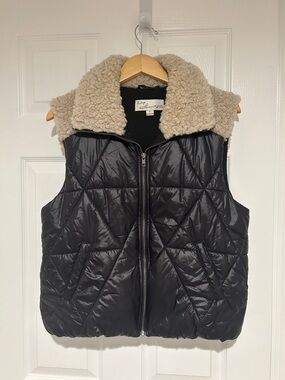 Vintage Havana Black Puffer Vest with Cream Sherpa Collar. Size small.